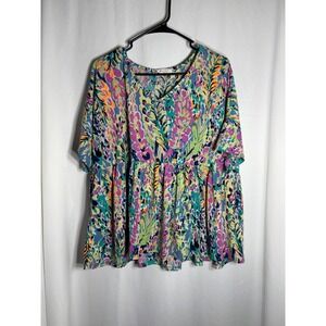 BOMBOM Women's Large V-Neck Short Sleeve Tunic Top  Floral Print Made in USA